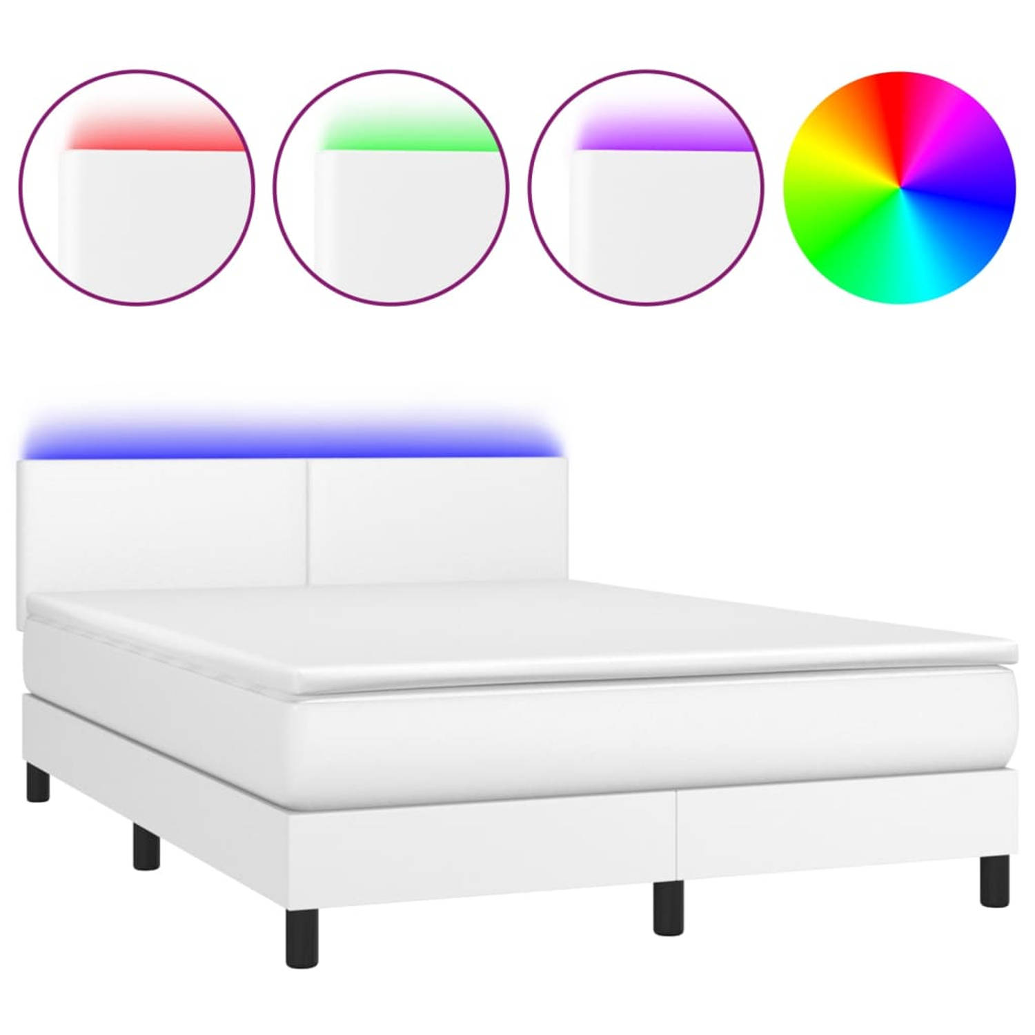 The Living Store Boxspring met matras en LED kunstleer wit 140x200 cm - Bed
