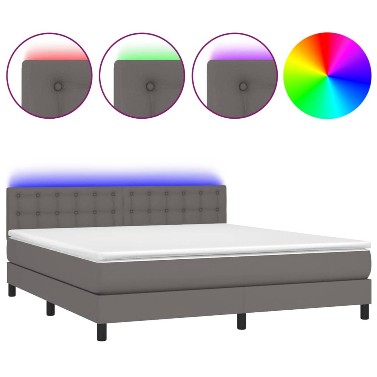The Living Store Boxspring met matras en LED kunstleer grijs 180x200 cm - Bed