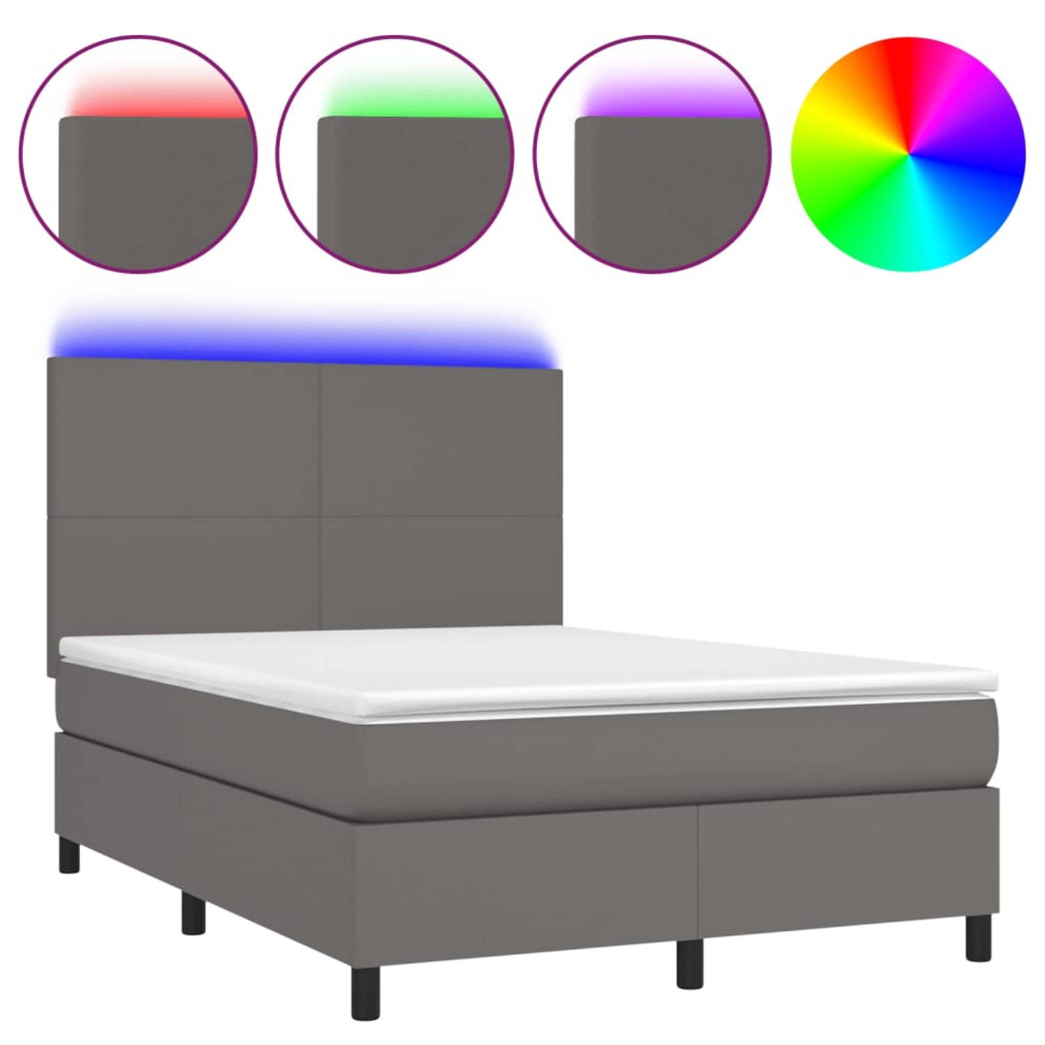 The Living Store Boxspring met matras en LED kunstleer grijs 140x200 cm - Bed
