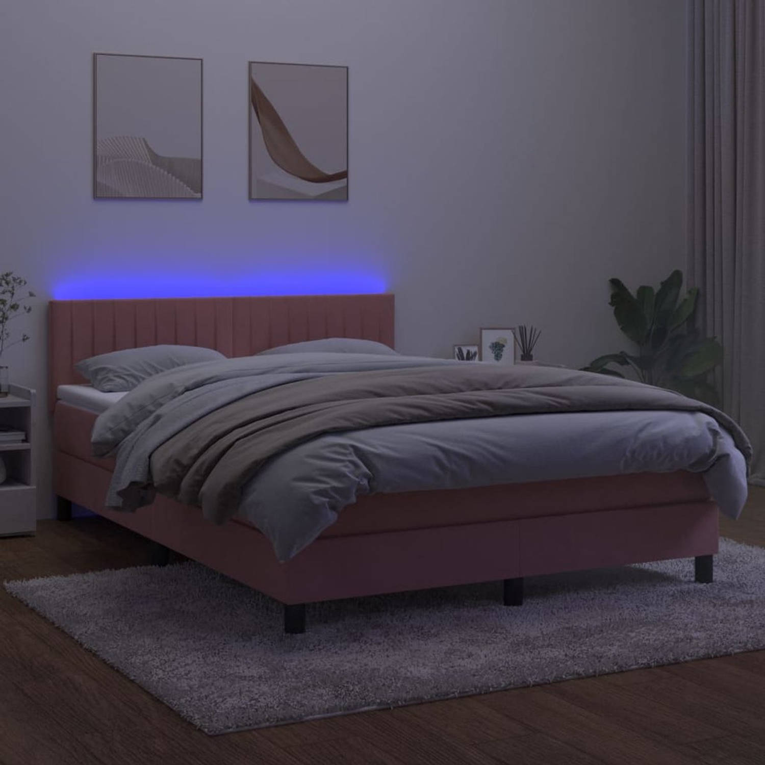 The Living Store Boxspring Bed - Roze Fluweel - 140 x 190 cm - LED en Pocketvering