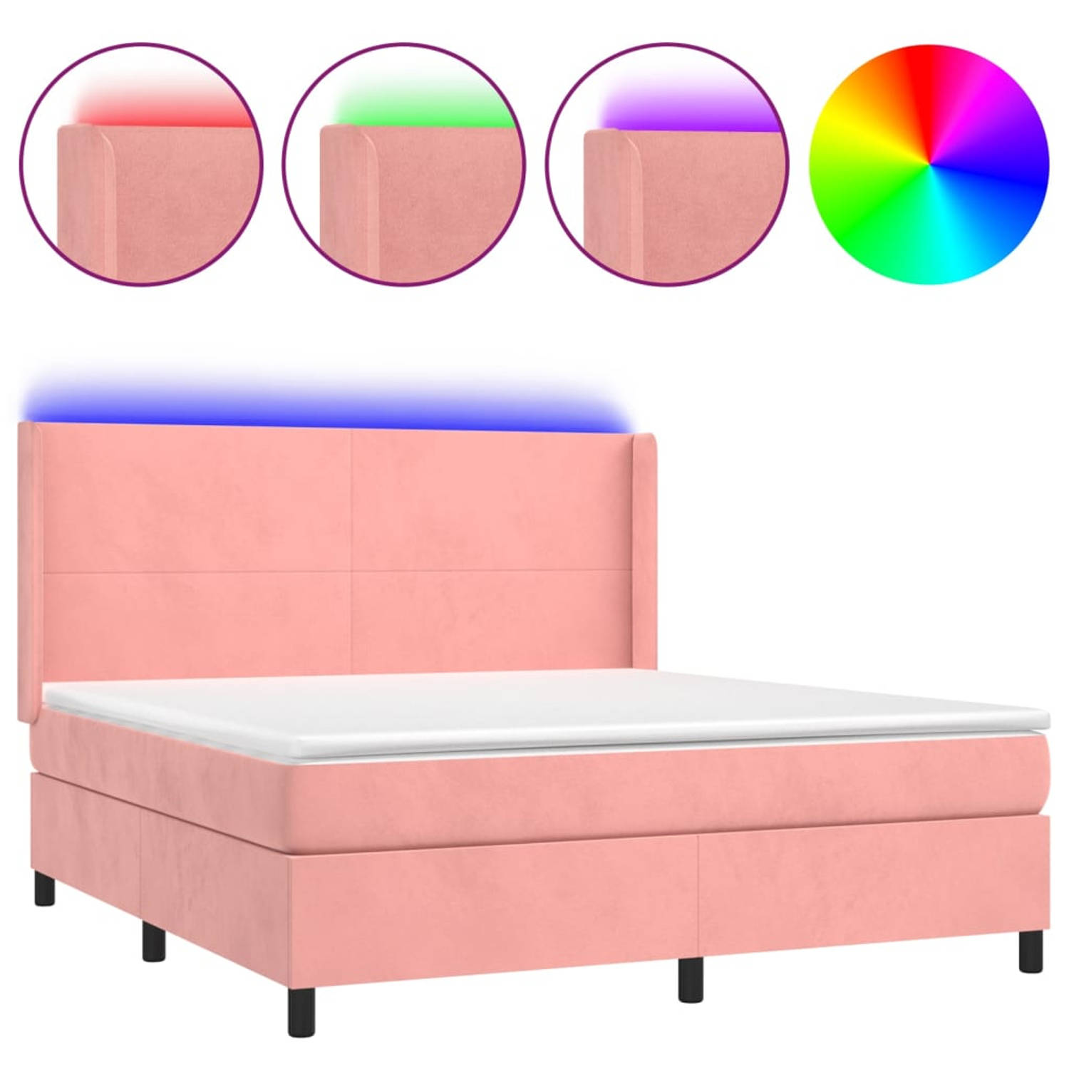 The Living Store Boxspring Dena - Bedden - 203x183 cm - roze fluweel - verstelbaar hoofdbord - LED-verlichting