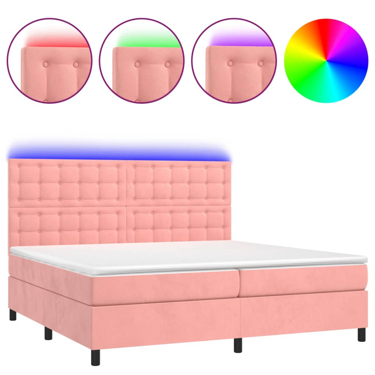 The Living Store Boxspring Bed - Fluweel - LED - Pocketvering - Topmatras - Roze - 203 x 200 x 118/128 cm
