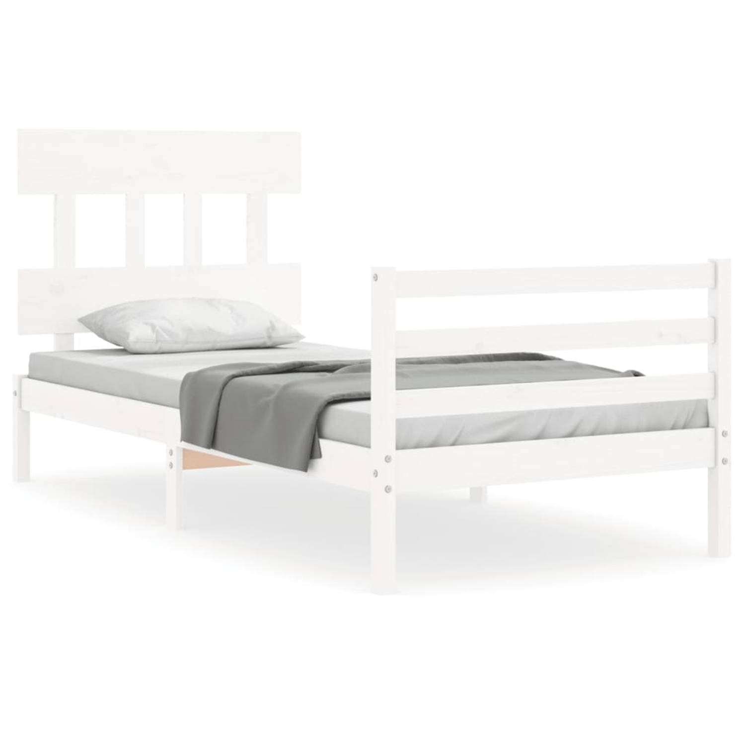 The Living Store Bedframe met hoofdbord massief hout wit 90x200 cm - Bedframe - Bedframes - Bed - Eenpersoonsbed - Slaapkamermeubel - Houten Bedframe - Houten Bed - Bedbodem - Mass