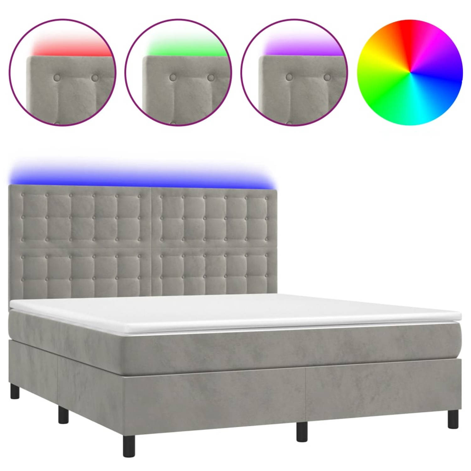 The Living Store Boxspring met matras en LED fluweel lichtgrijs 160x200 cm - Bed