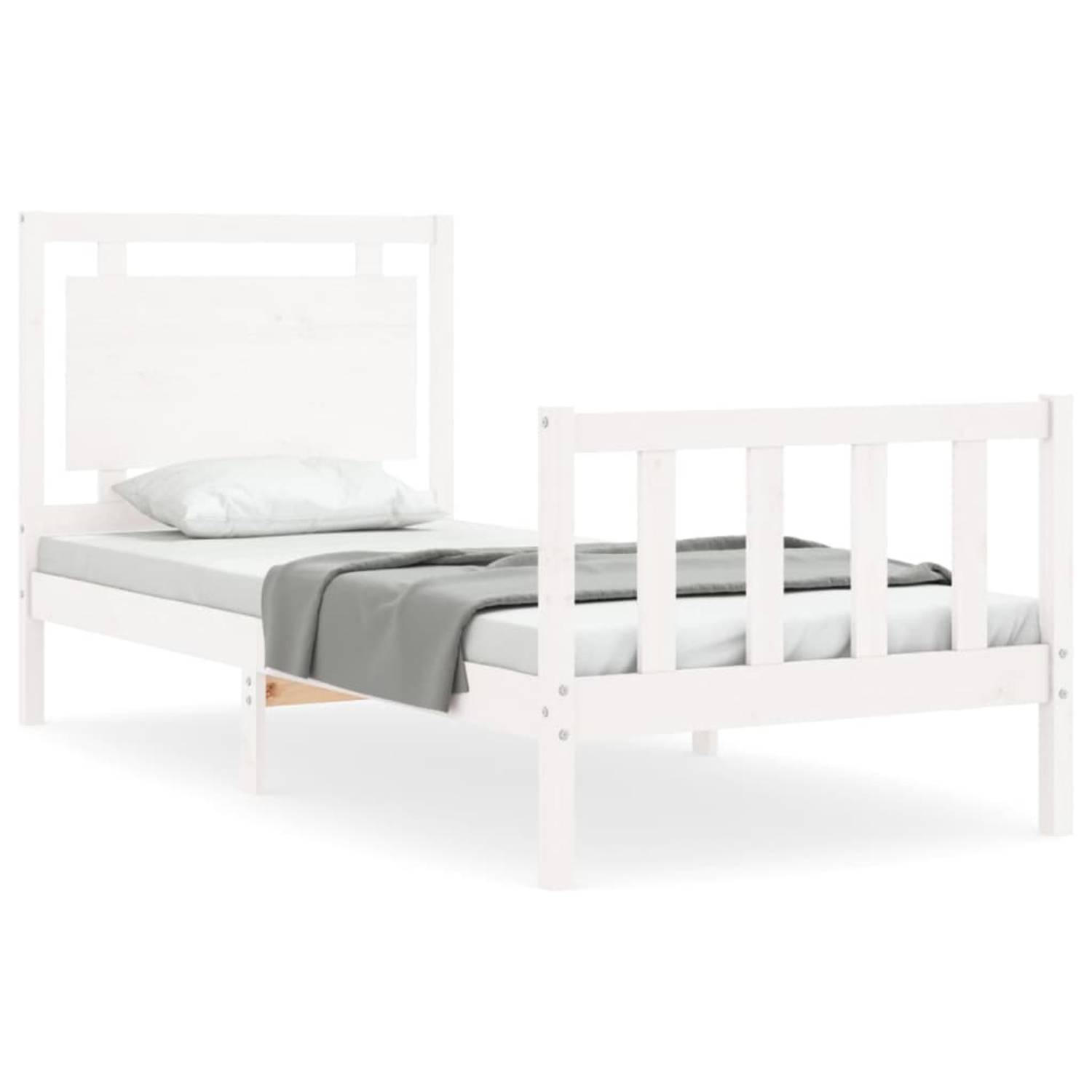 The Living Store Bedframe met hoofdbord massief hout wit 90x200 cm - Bedframe - Bedframes - Bed - Eenpersoonsbed - Slaapkamermeubel - Houten Bedframe - Houten Bed - Bedbodem - Mass