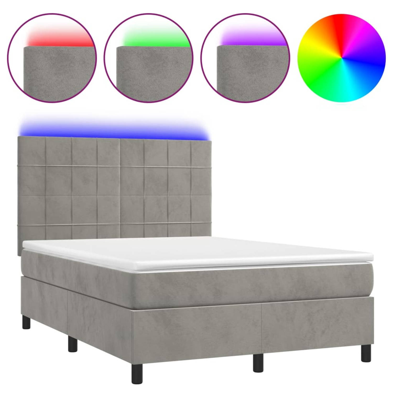 The Living Store Boxspring met matras en LED fluweel lichtgrijs 140x200 cm - Bed
