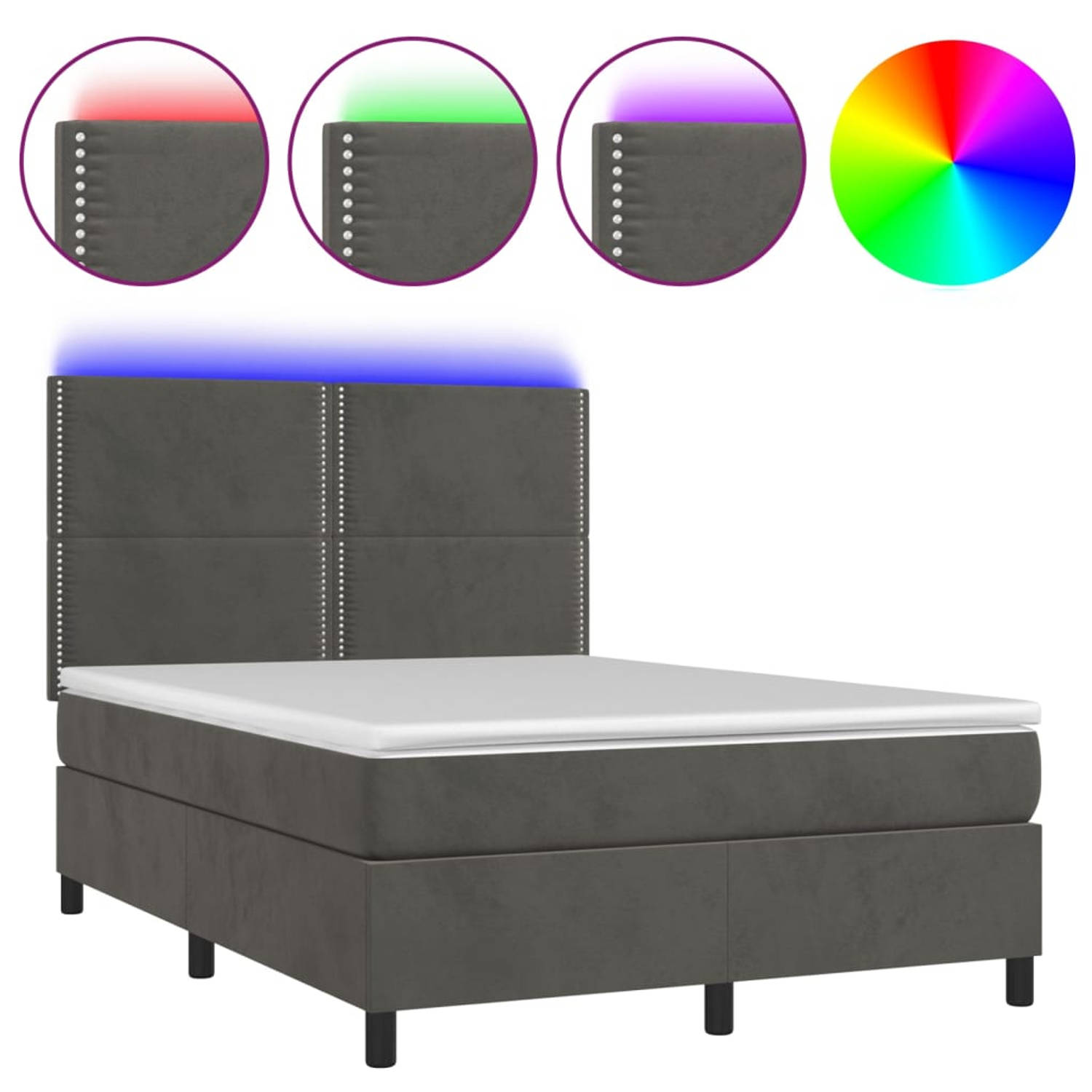 The Living Store Boxspring met matras en LED fluweel donkergrijs 140x190 cm - Bed