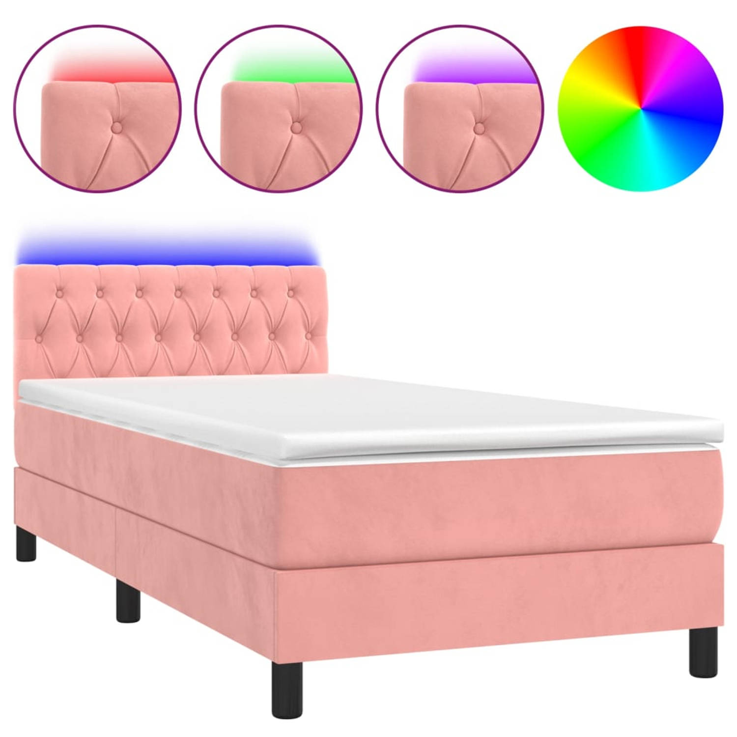 The Living Store Boxspring - Luxe Bed met LED en Fluweel - 193x90 - Roze