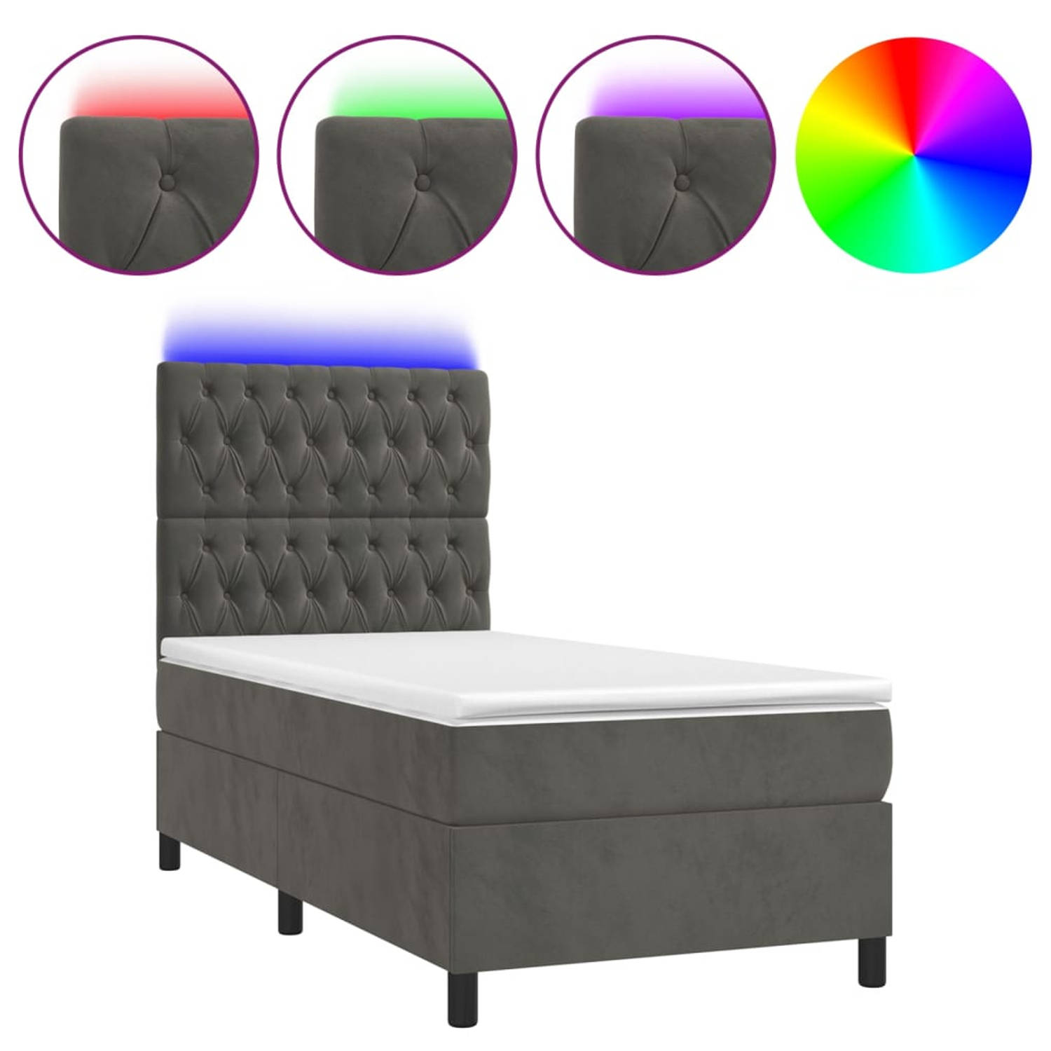 The Living Store Boxspring met matras en LED fluweel donkergrijs 90x200 cm - Bed
