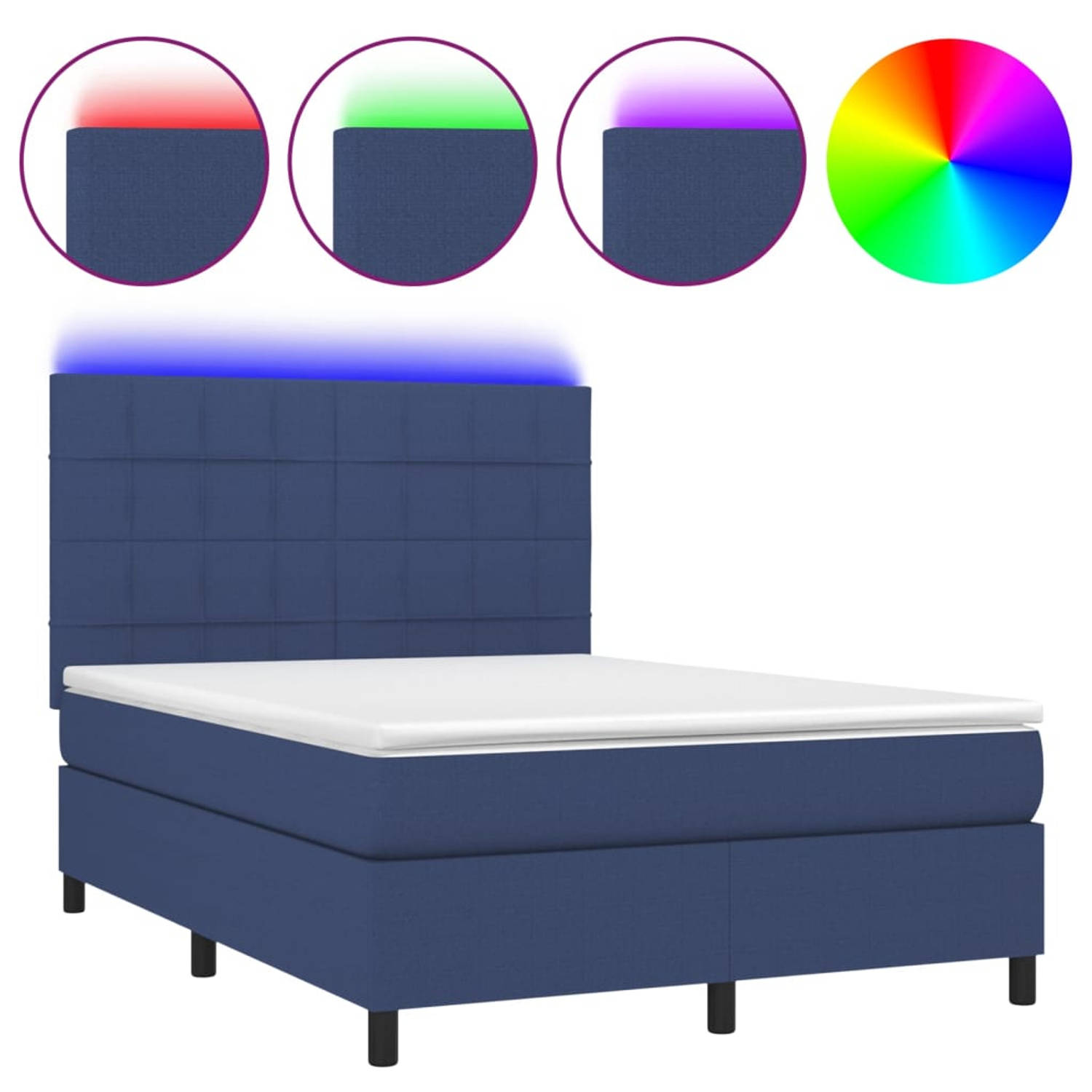 The Living Store Boxspring Bed - LED - Blauw - 193x144 cm - Pocketvering Matras - Huidvriendelijk Topmatras