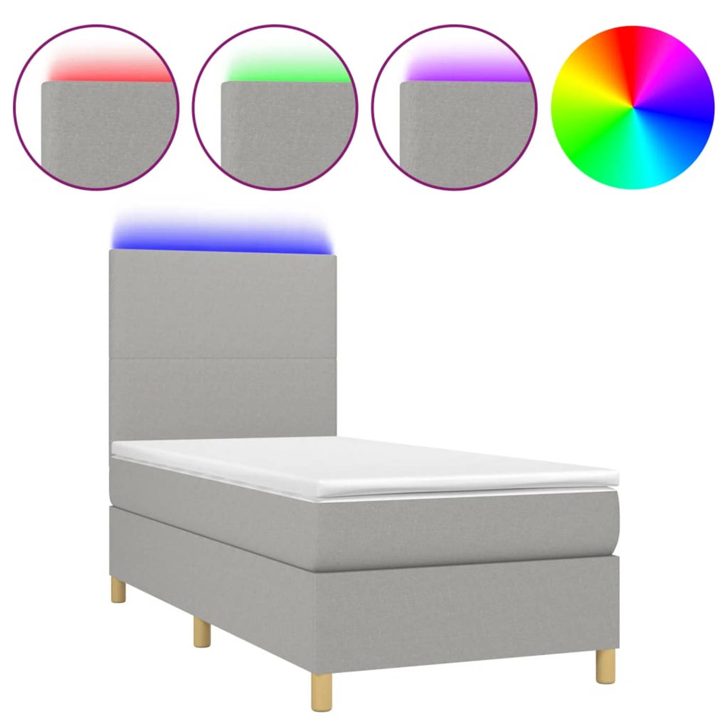 The Living Store Boxspring met matras en LED stof lichtgrijs 90x190 cm - Bed