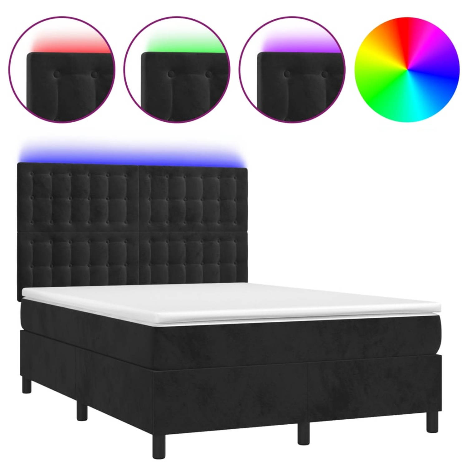 The Living Store Boxspring Bed - 193 x 144 cm - Zwart Fluweel + Pocketvering Matras + LED