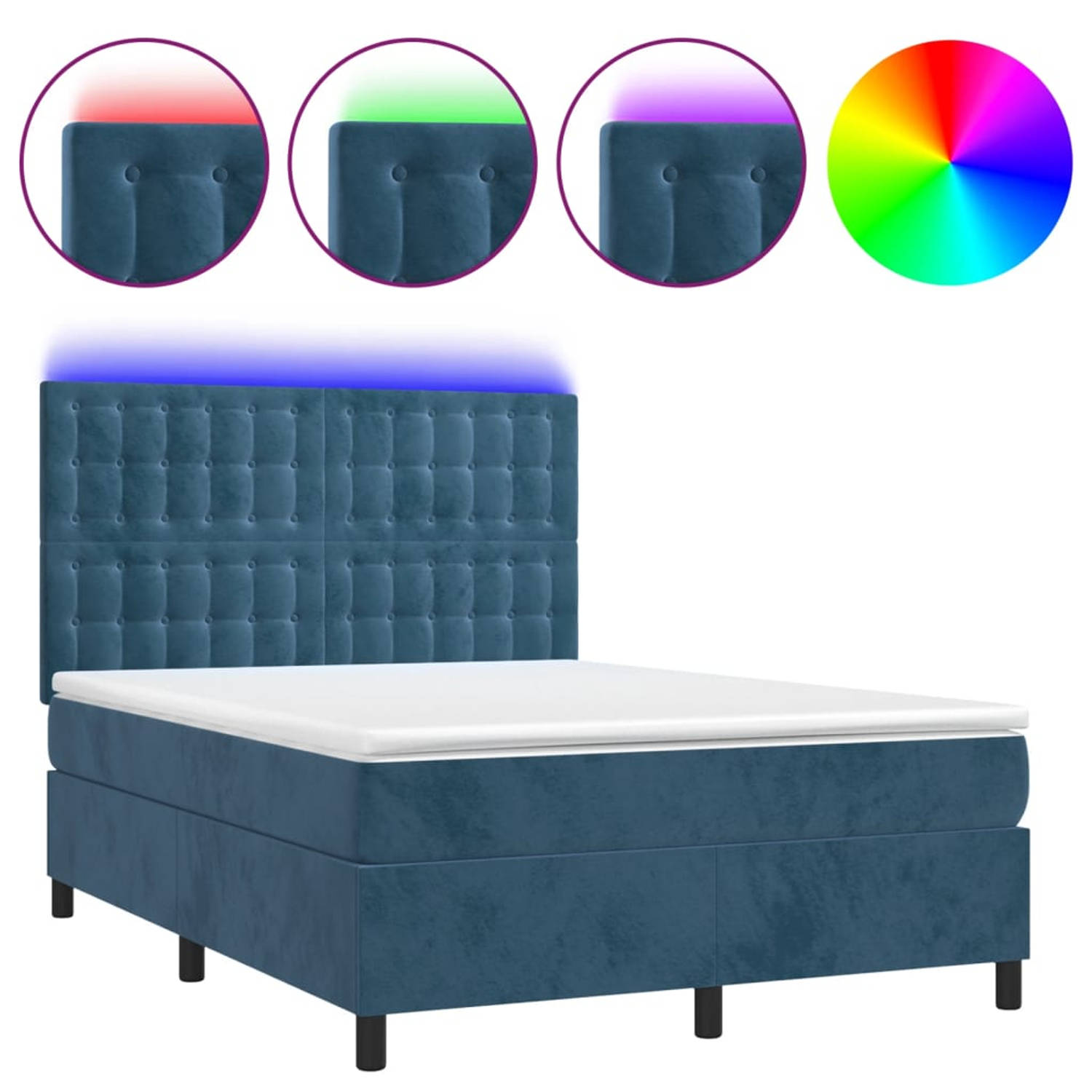 The Living Store Boxspring Bed Donkerblauw Fluweel 203x144x118cm - Verstelbaar hoofdbord - LED-verlichting -