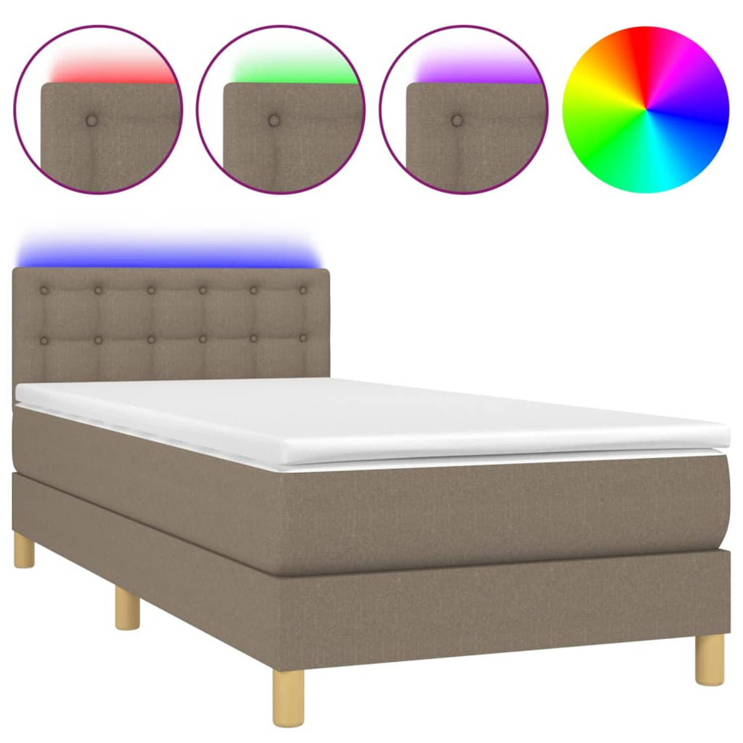 The Living Store Boxspring Bed - LED - Pocketvering Matras - Huidvriendelijk Topmatras - Taupe - 193x90x78/88 cm