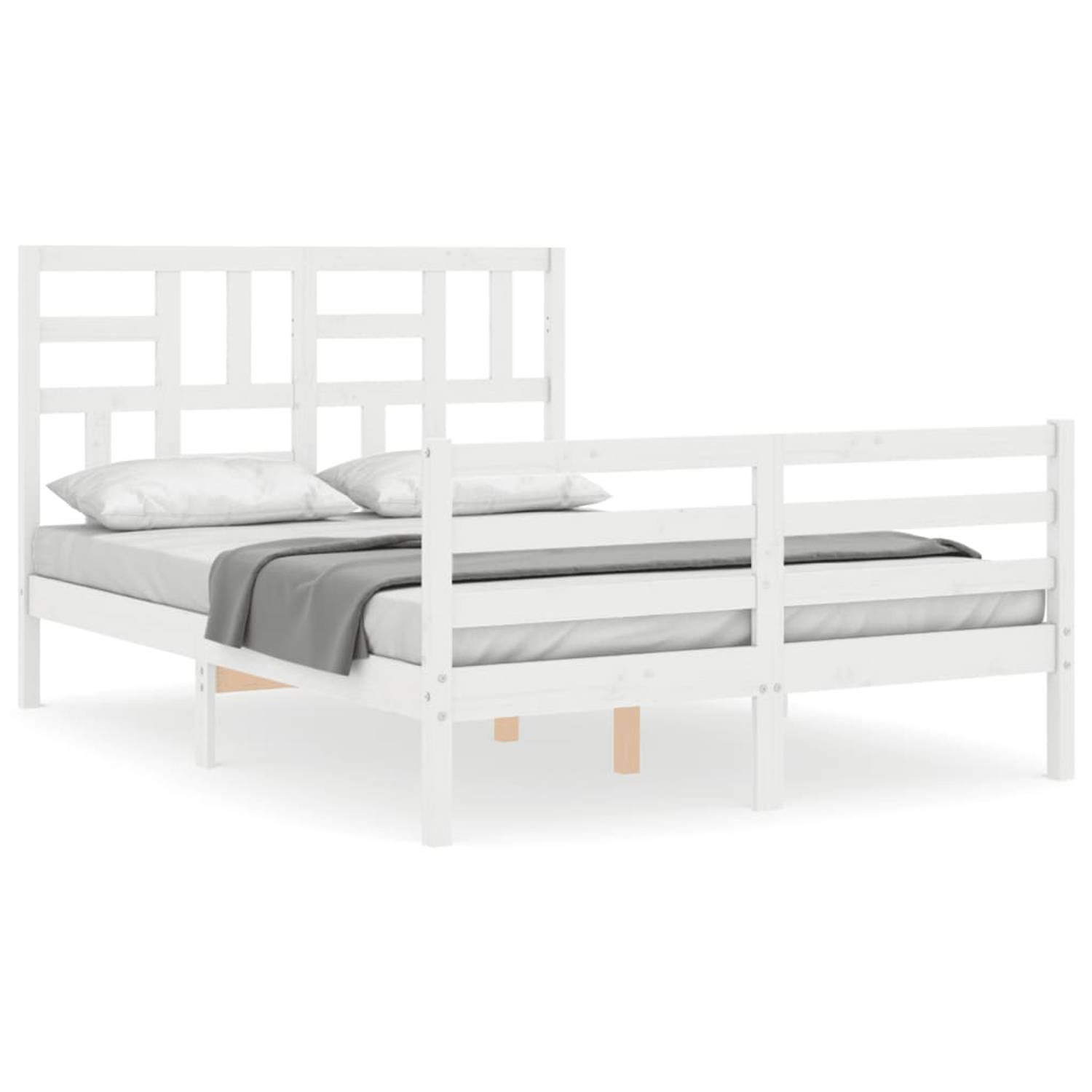 The Living Store Bedframe met hoofdbord massief hout wit 140x190 cm - Bedframe - Bedframes - Bed - Tweepersoonsbed - Slaapkamermeubel - Houten Bedframe - Houten Bed - Bedbodem - Ma