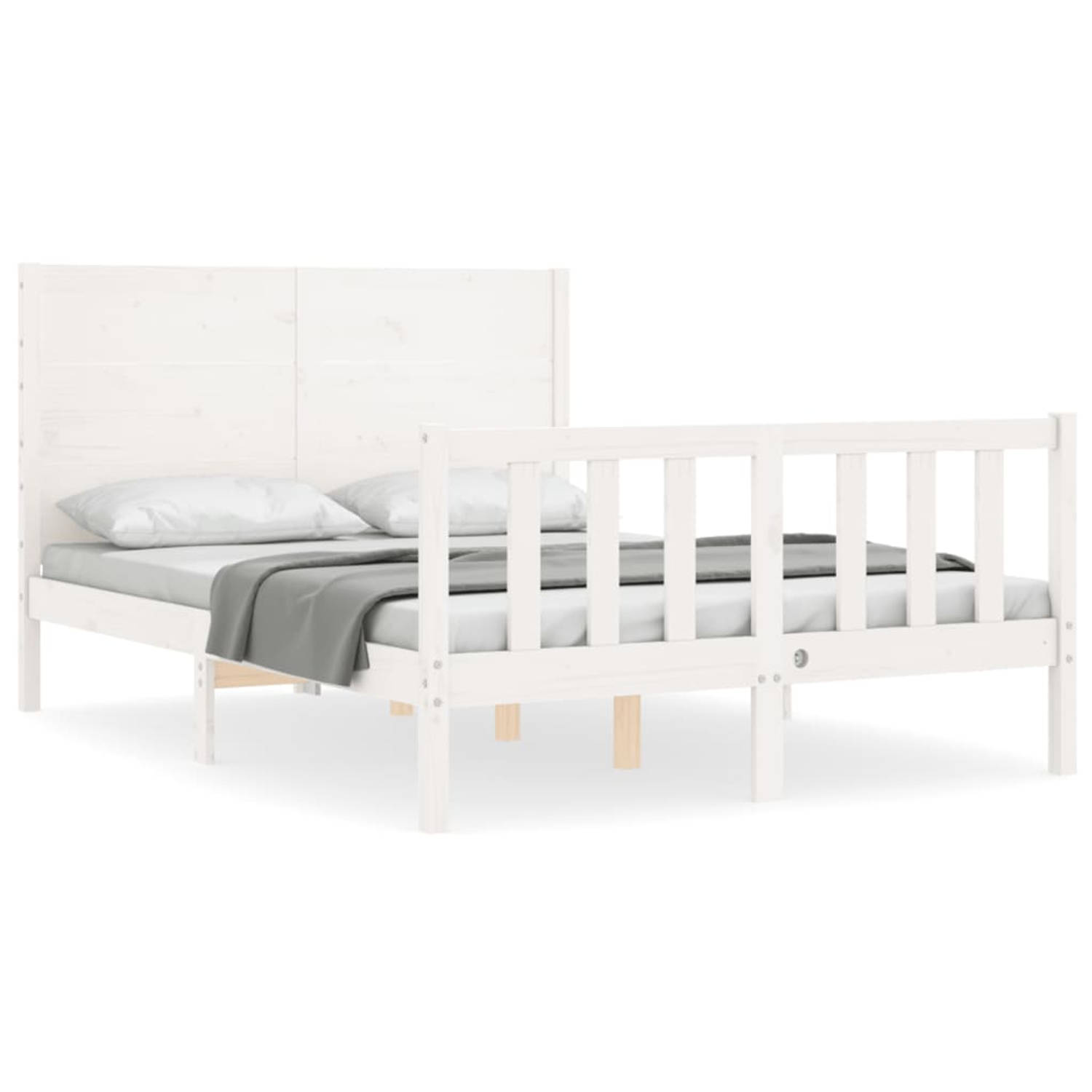 The Living Store Bedframe met hoofdbord massief hout wit 140x190 cm - Bedframe - Bedframes - Bed - Tweepersoonsbed - Slaapkamermeubel - Houten Bedframe - Houten Bed - Bedbodem - Ma