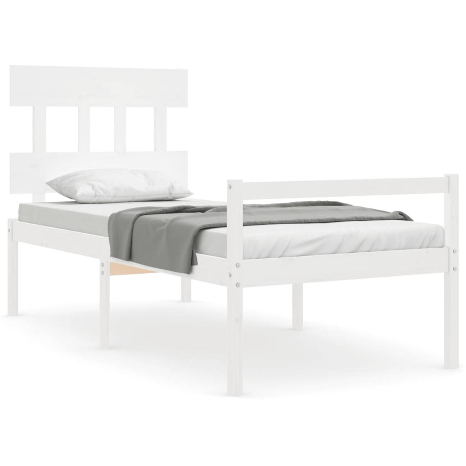 The Living Store Bedframe met hoofdbord massief hout wit 90x200 cm - Bedframe - Bedframes - Bed - Eenpersoonsbed - Slaapkamermeubel - Houten Bedframe - Houten Bed - Bedbodem - Mass