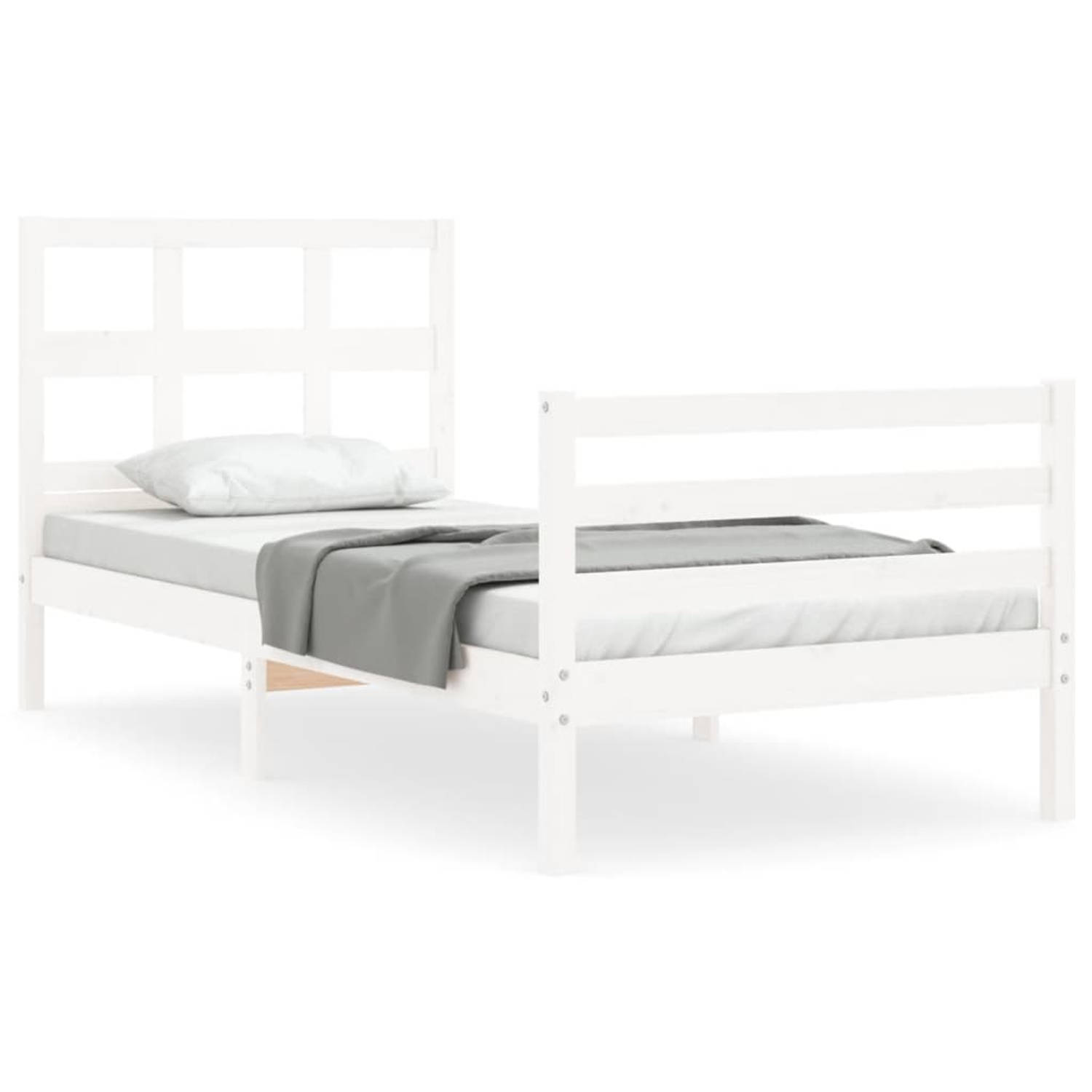 The Living Store Bedframe met hoofdbord massief hout wit 90x200 cm - Bedframe - Bedframes - Bed - Eenpersoonsbed - Slaapkamermeubel - Houten Bedframe - Houten Bed - Bedbodem - Mass