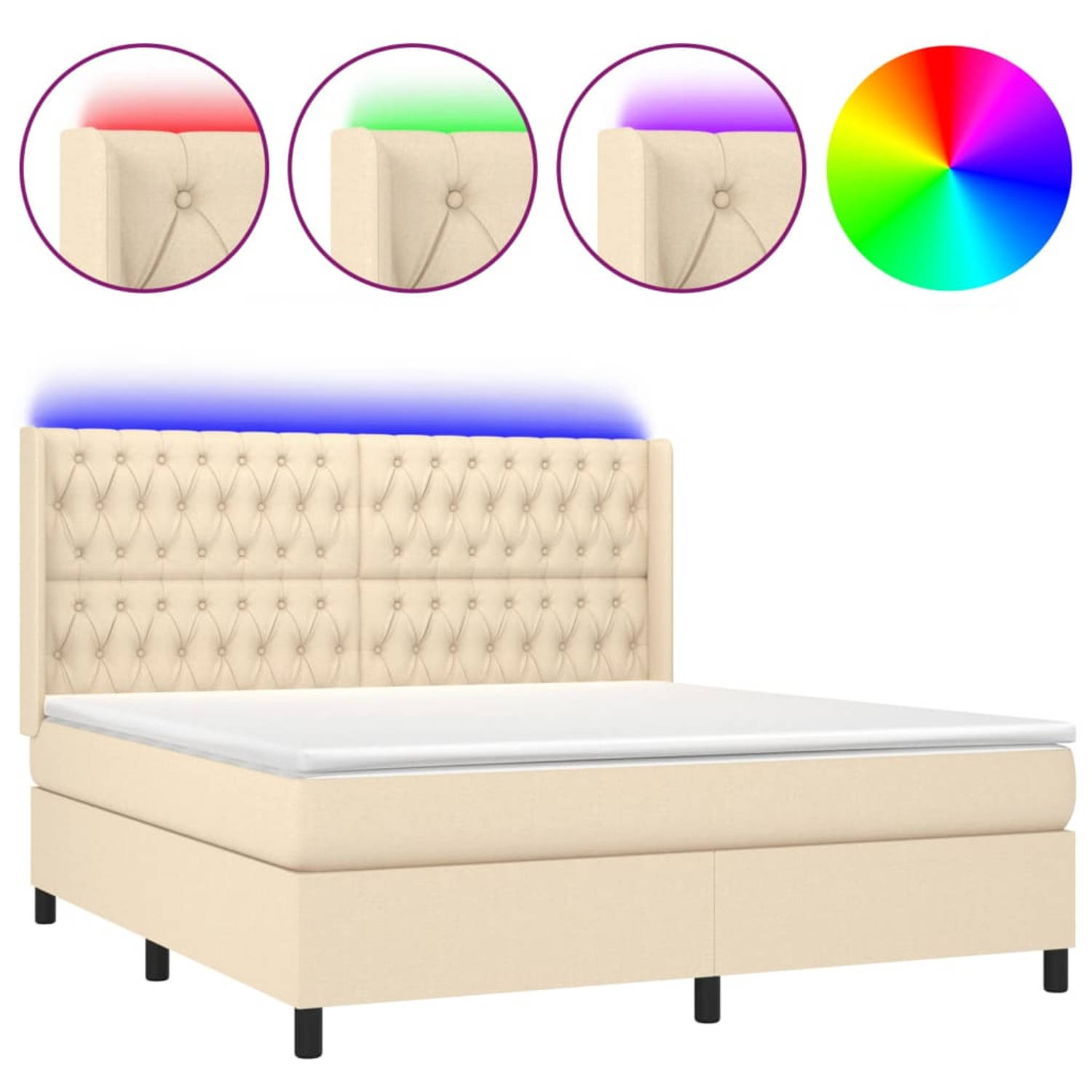 The Living Store Boxspring Bed - Crème - LED - 203 x 163 x 118/128 cm - Pocketvering Matras - Huidvriendelijk