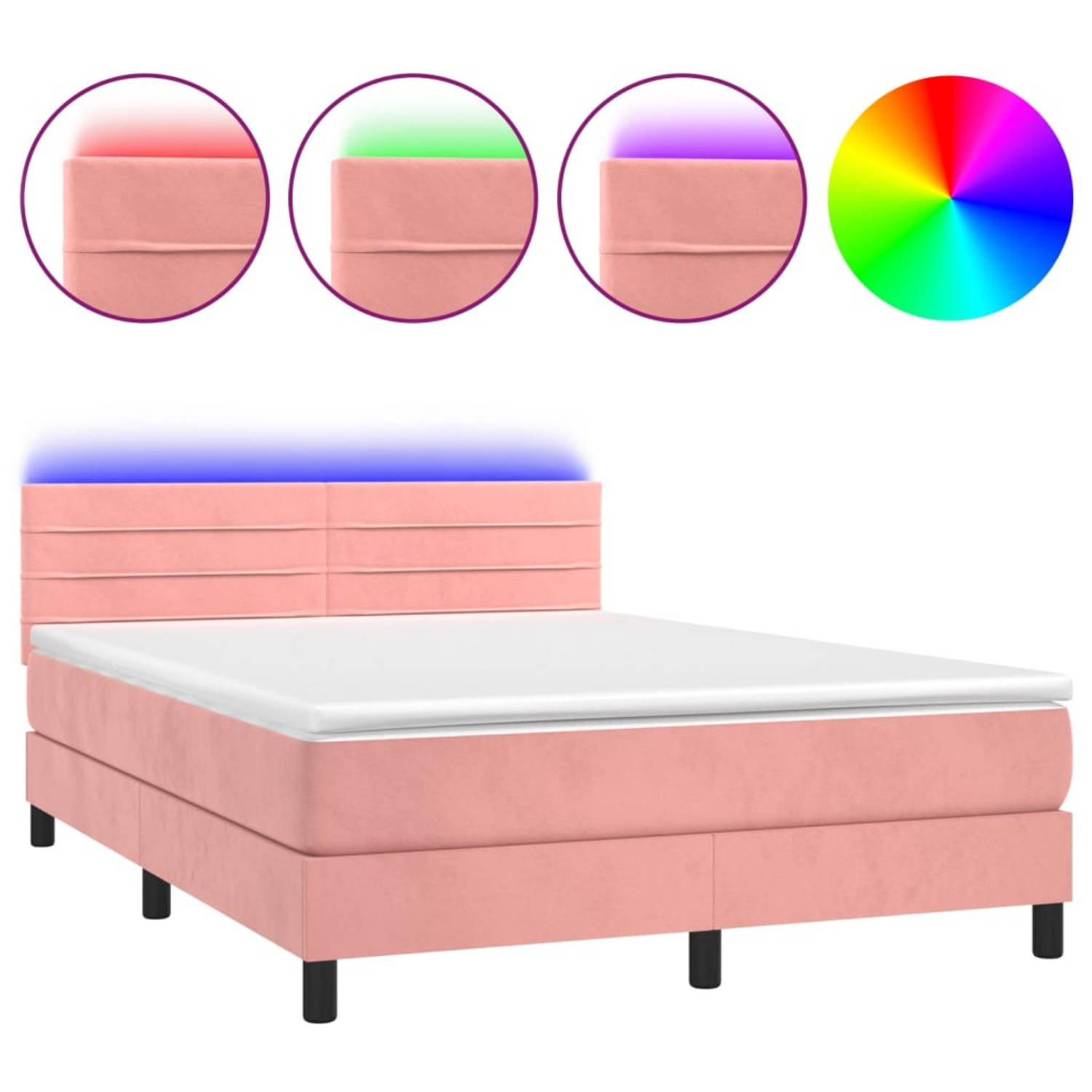 The Living Store Boxspring met matras en LED fluweel roze 140x190 cm - Bed