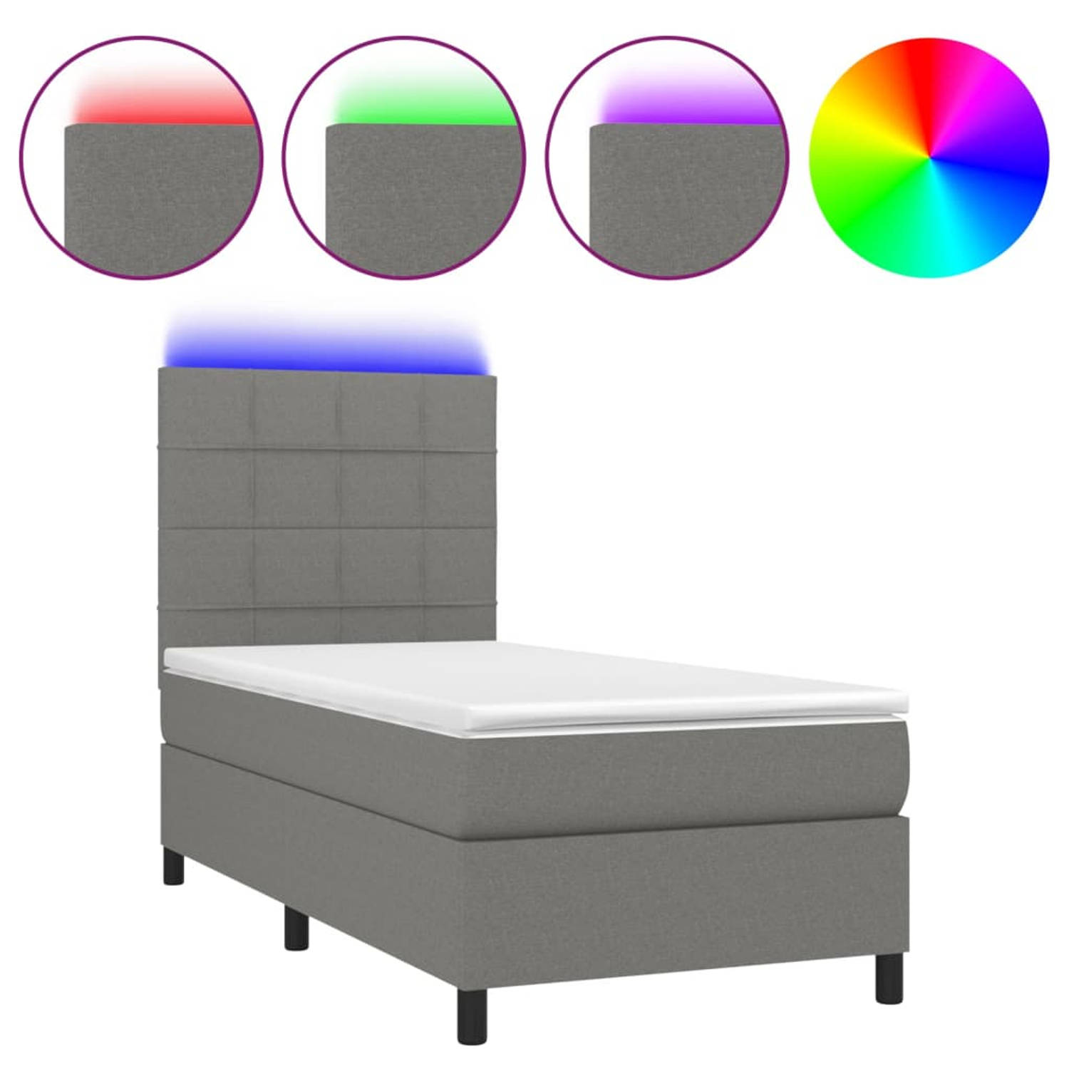 The Living Store Boxspring Bed - Donkergrijs - 203x90x118/128 cm - LED verlichting