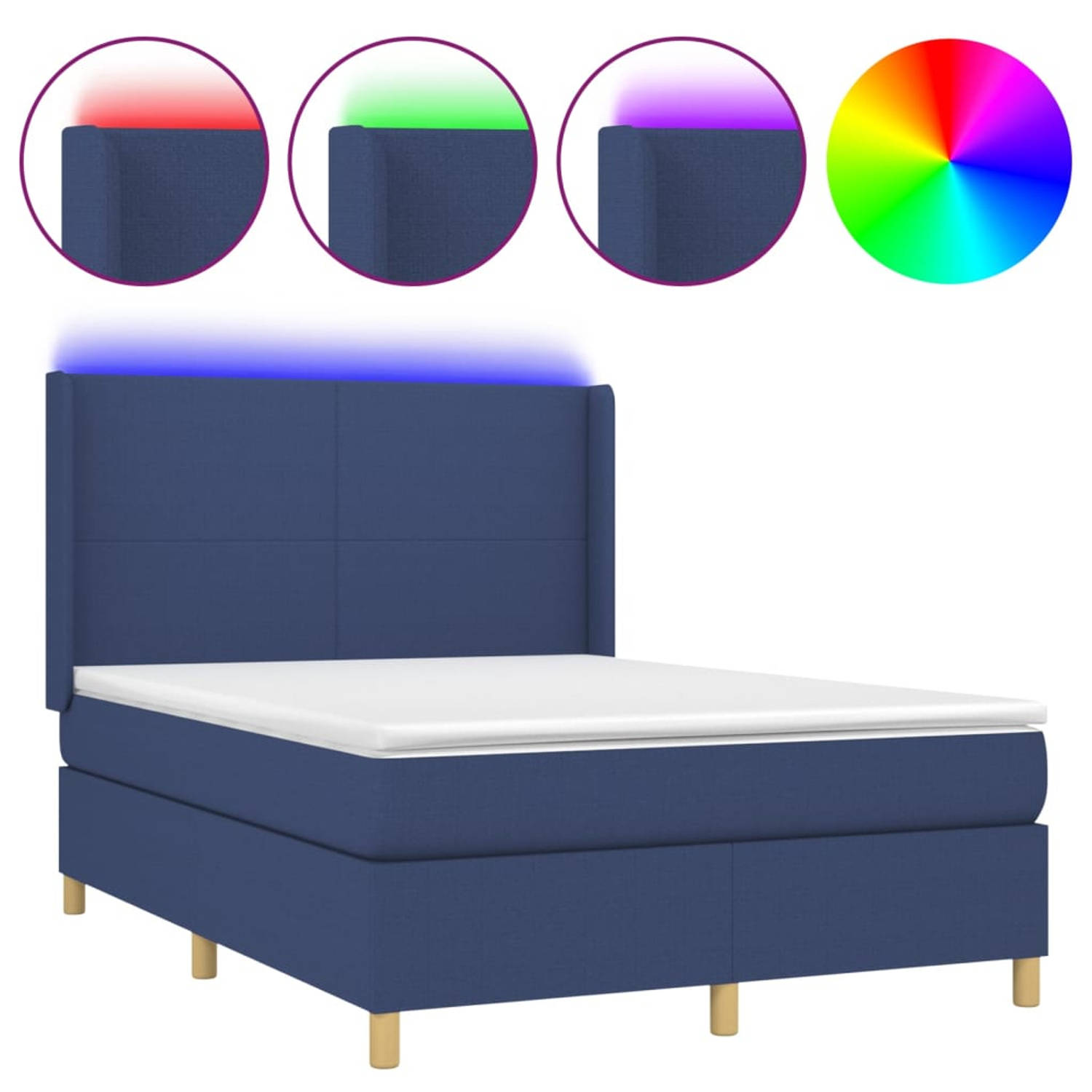 The Living Store Bed Blauw - Stof 100% polyester - Afmetingen 203 x 147 x 118/128 cm - LED-verlichting - Pocketvering matras - Huidvriendelijk topmatras - Inclusief montagehandleid