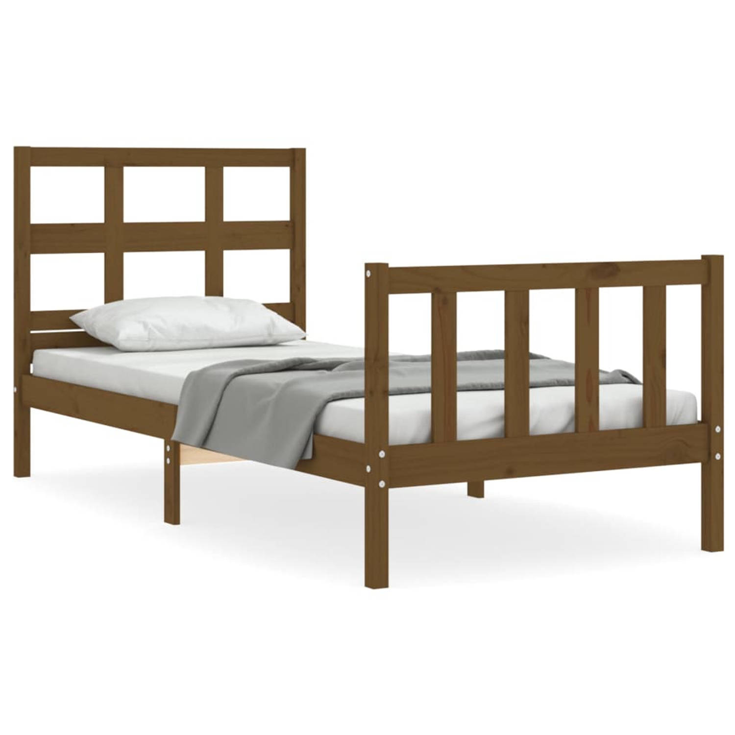 The Living Store Bedframe met hoofdbord massief hout honingbruin 90x200 cm - Bedframe - Bedframes - Bed - Eenpersoonsbed - Slaapkamermeubel - Houten Bedframe - Houten Bed - Bedbode