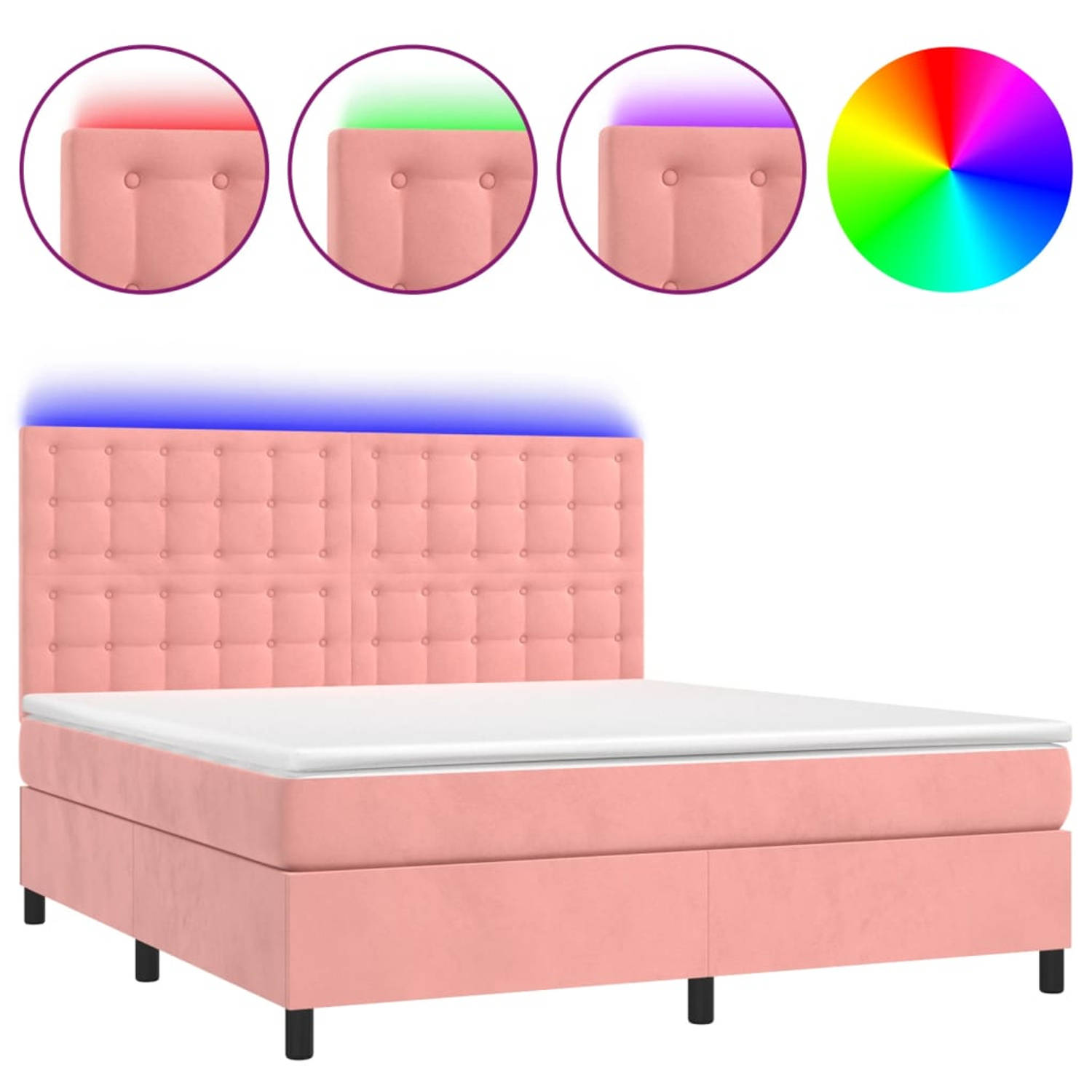 The Living Store Boxspring met matras en LED fluweel roze 160x200 cm - Bed