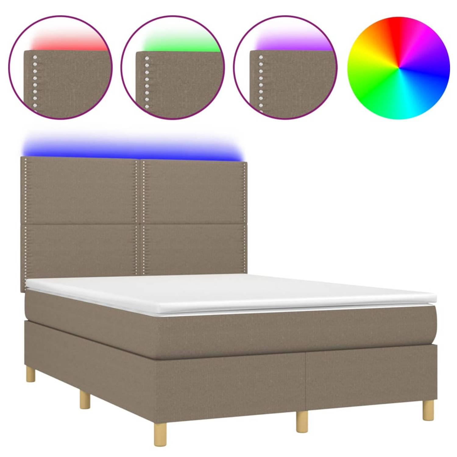 The Living Store Boxspring Bed - LED - Taupe - 193x144x118/128 cm - Pocketvering matras - Huidvriendelijk topmatras