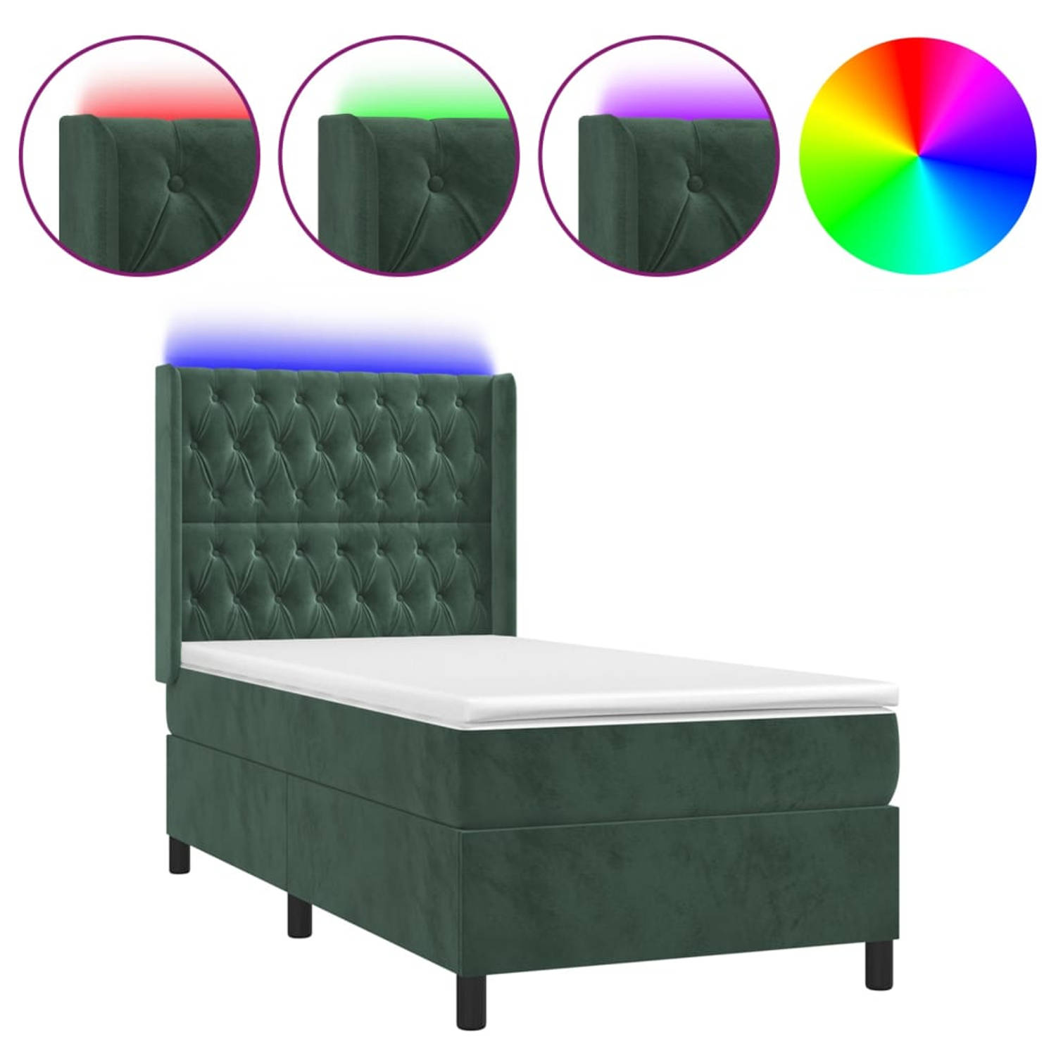 The Living Store Boxspring met matras en LED fluweel donkergroen 100x200 cm - Bed