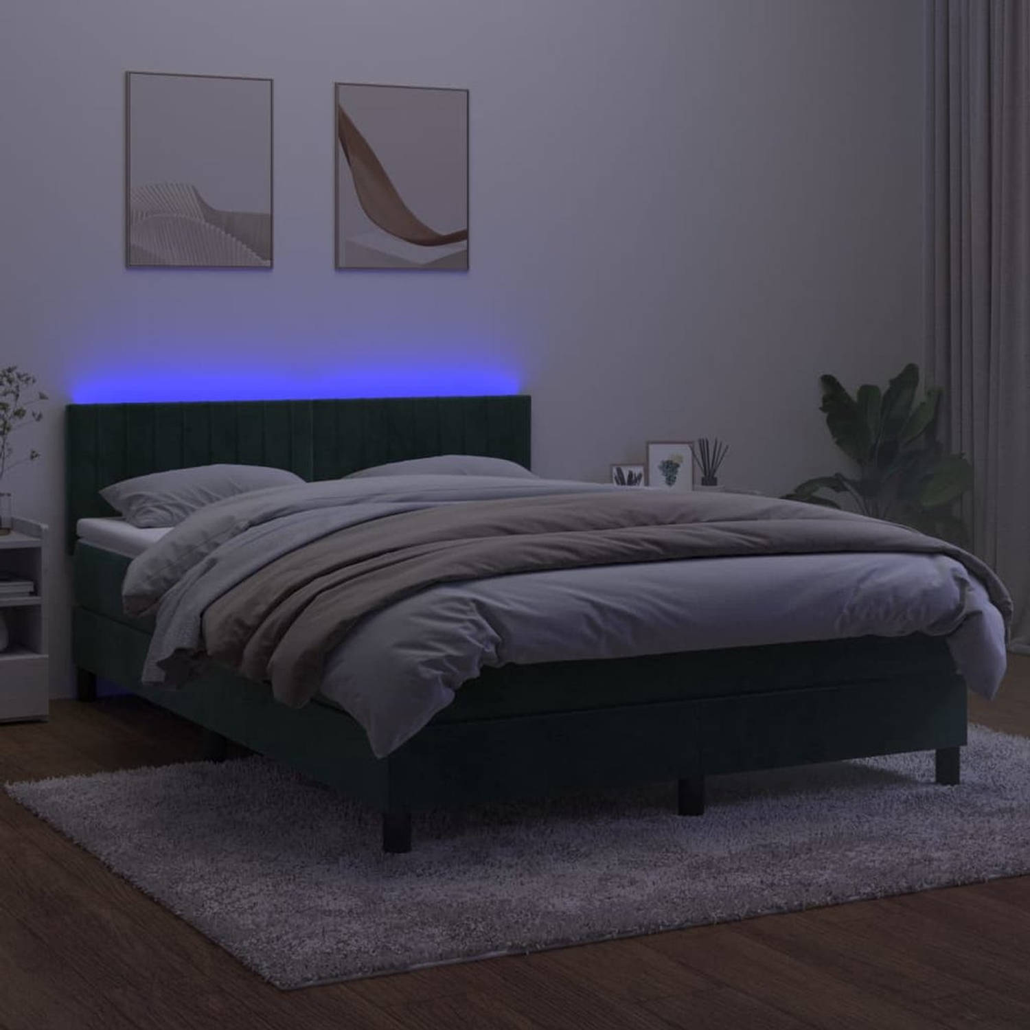 The Living Store Boxspring Bed - Donkergroen Fluweel - 193x144x78/88 cm - Incl - Matras en LED
