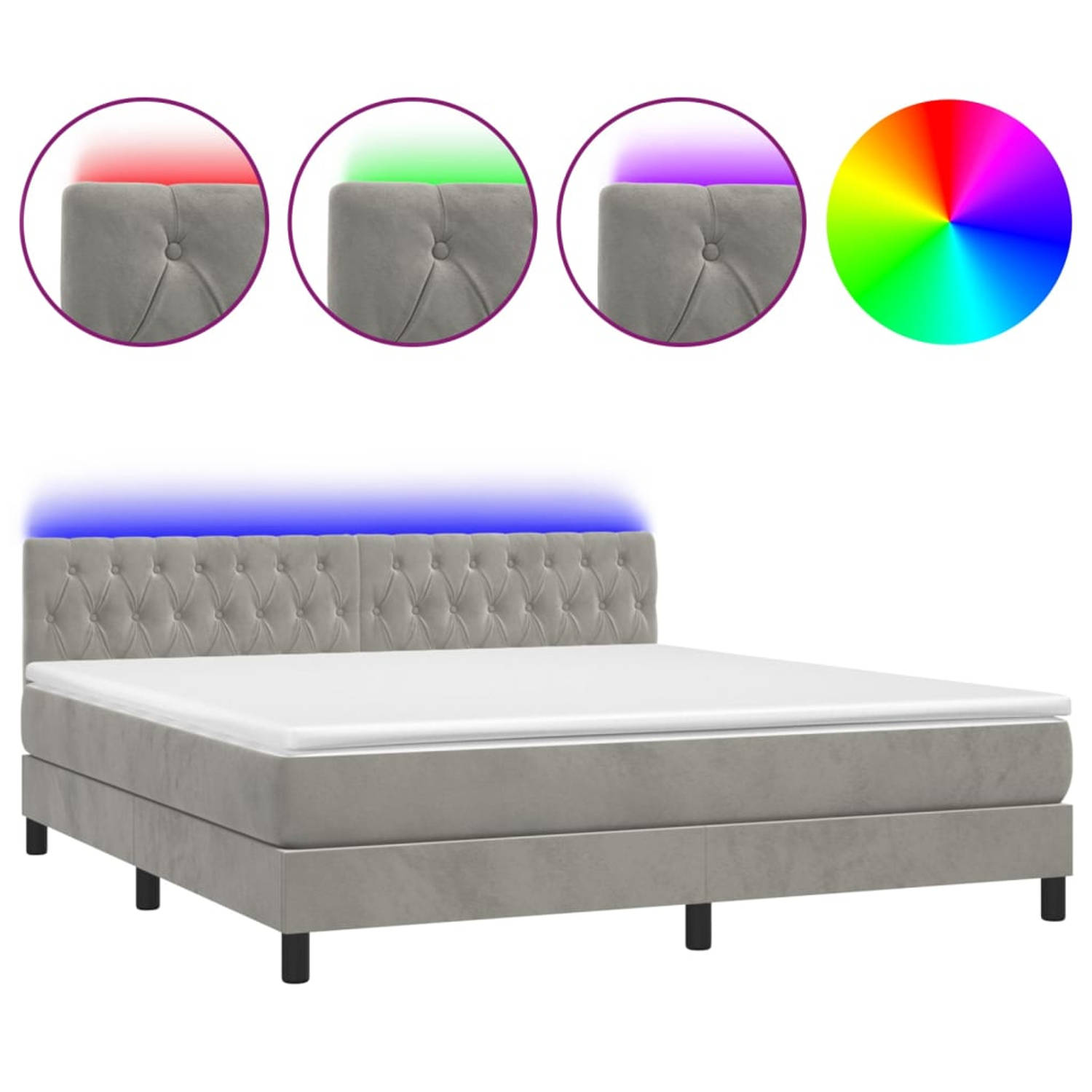 The Living Store Boxspring met matras en LED fluweel lichtgrijs 160x200 cm - Bed