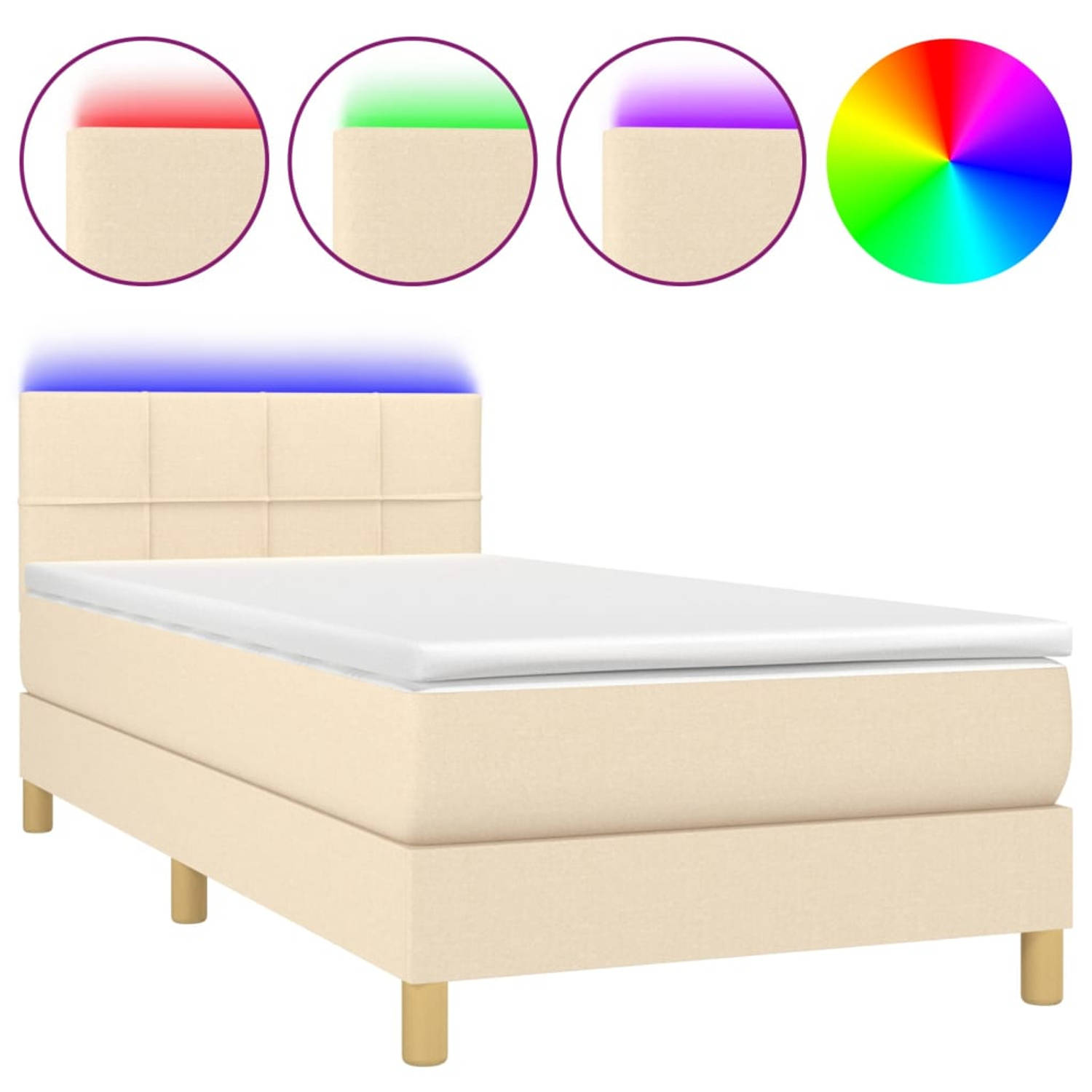 The Living Store Boxspring - Crème - 193 x 90 x 78/88 cm - Verstelbaar hoofdbord - Kleurrijke LED-verlichting - Pocketvering matras - Huidvriendelijk topmatras - Inclusief montageh