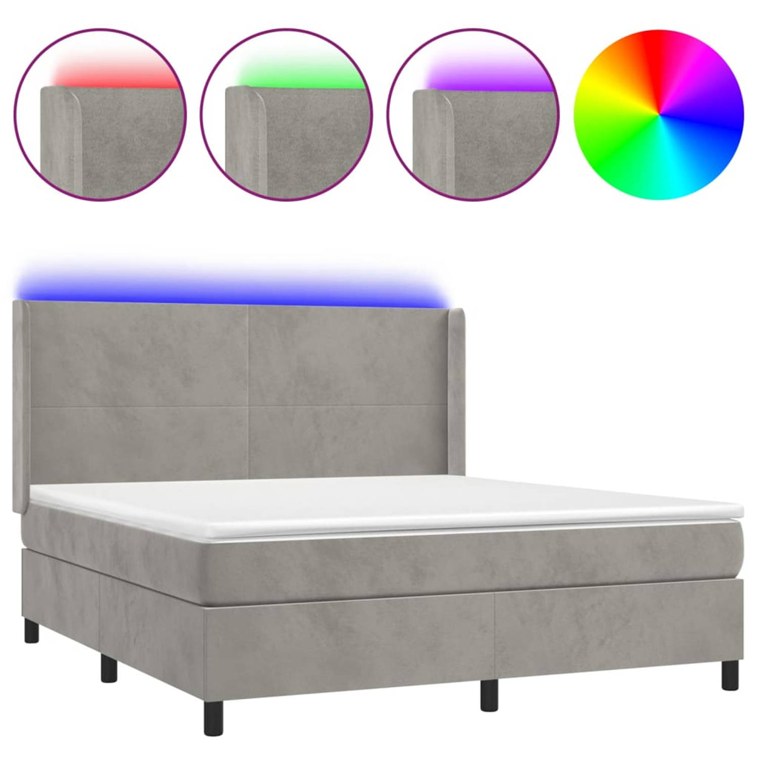 The Living Store Boxspring met matras en LED fluweel lichtgrijs 180x200 cm - Bed
