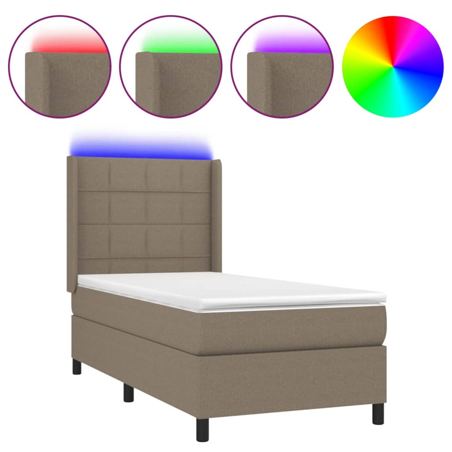 The Living Store Boxspring LED - 203 x 93 x 118/128 cm - Taupe - Pocketvering matras - Huidvriendelijk topmatras - Kleurrijke LED-verlichting