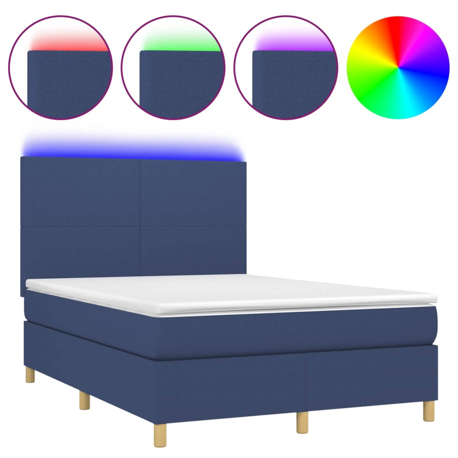 The Living Store Boxspring Bed - Blauw - 193 x 144 x 118/128 cm - Verstelbaar hoofdbord - LED-verlichting - pocketveringmatras - huidvriendelijk topmatras - Inclusief montagehandle