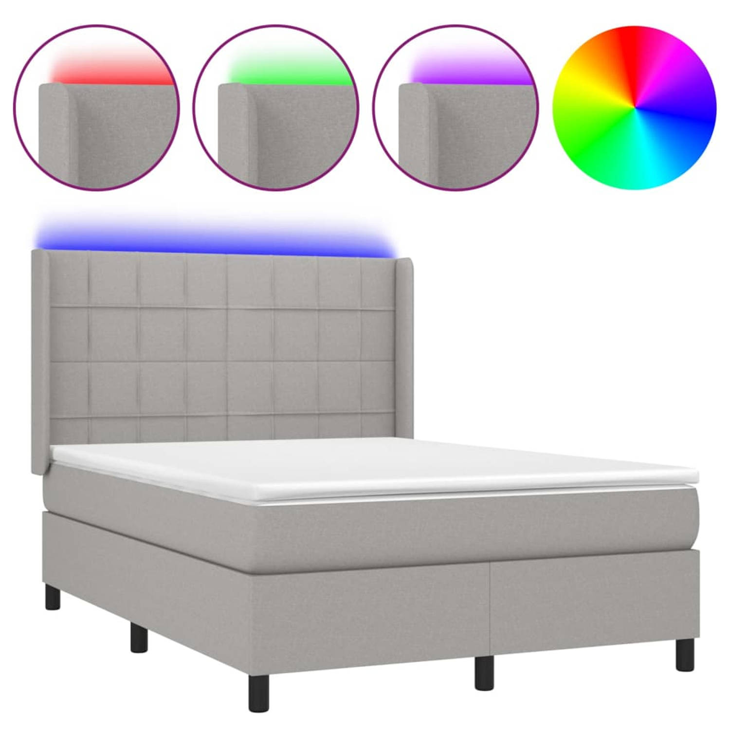 The Living Store Boxspring met matras en LED stof lichtgrijs 140x190 cm - Bed