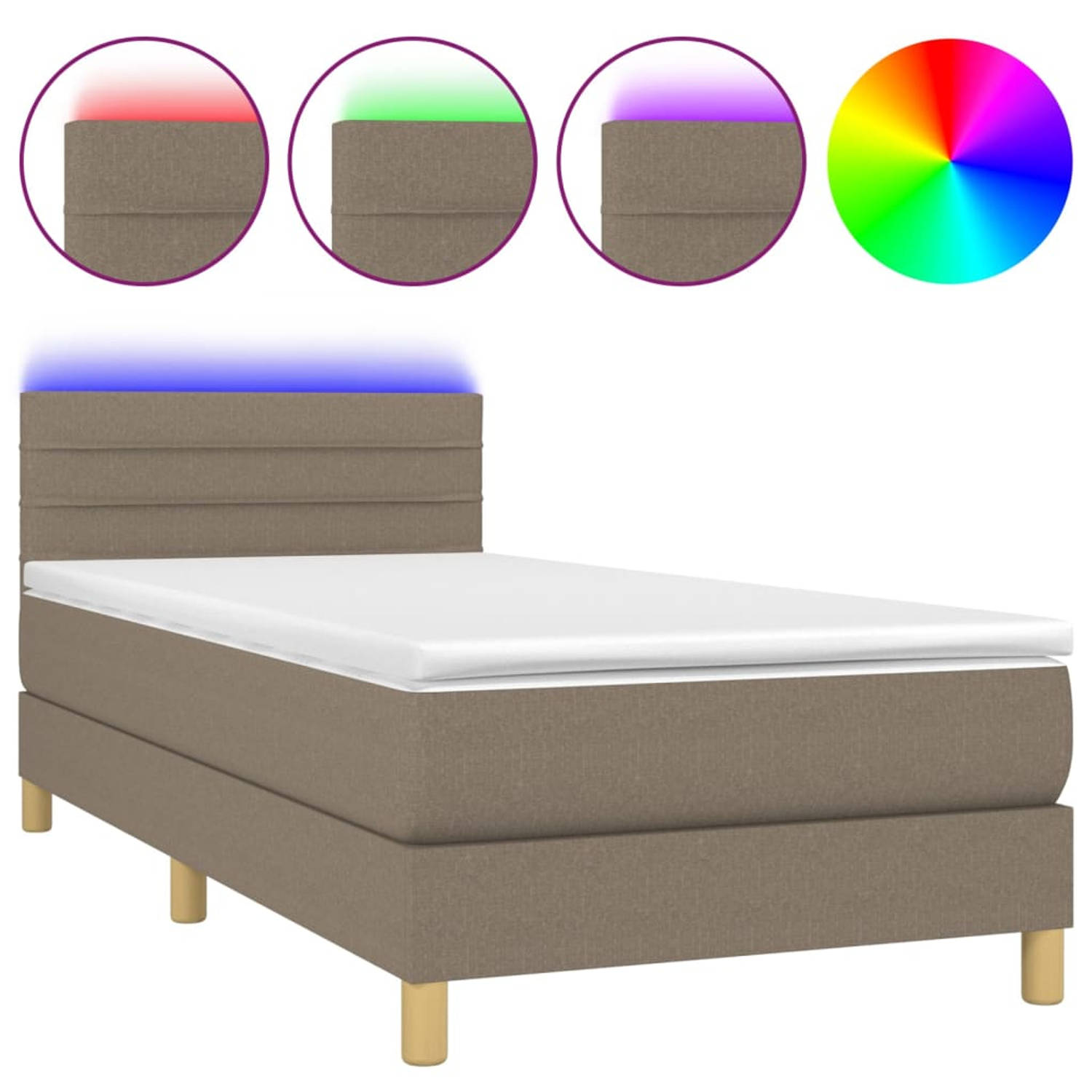 The Living Store Bed Boxspring LED Taupe 203x80x78/88cm - Hoogte Verstelbaar - Pocketvering Matras - Huidvriendelijk Topmatras - Kleurrijke LED-verlichting - Inclusief LED-strip