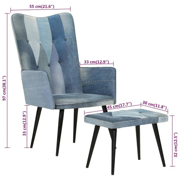 vidaXL Fauteuil met voetensteun patchwork canvas blauw denim