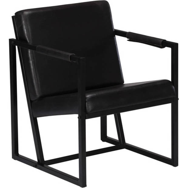 The Living Store Fauteuil Echt Leer - Zwart - 55x62x75cm - Comfortabel