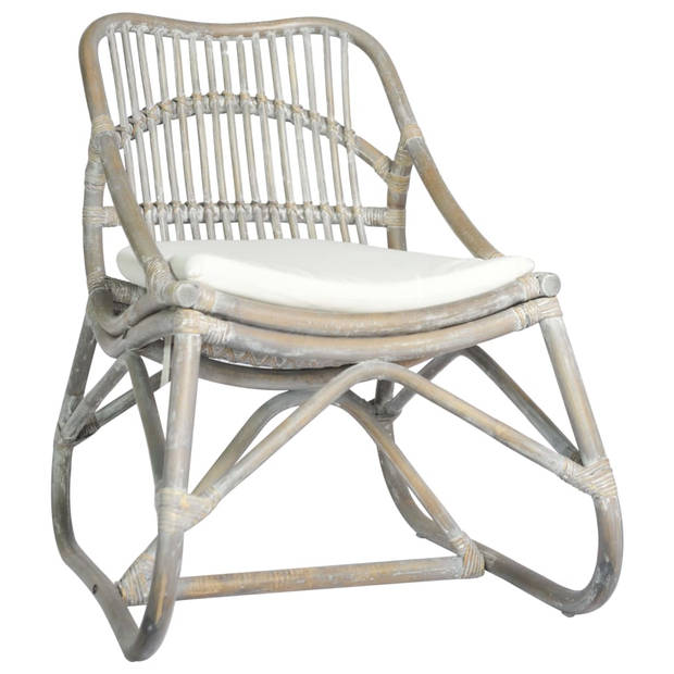 The Living Store Rattan Relaxstoel - 73 x 50 x 78 cm - Crèmewit Kussen - Grijs Frame