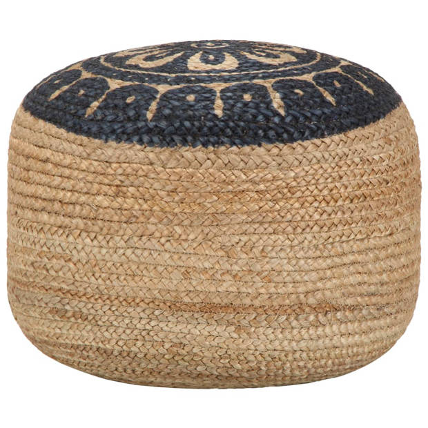 The Living Store Poef - Jute - 45 x 30 cm - Blauw gedrukt patroon