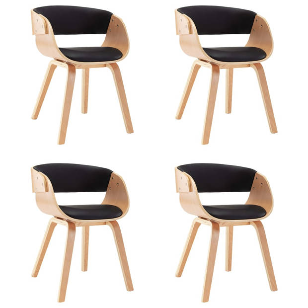 The Living Store Eetkamerstoelen - Set van 4 - Zwart/Lichtbruin - Kunstleer/Hout - 53x52x70cm