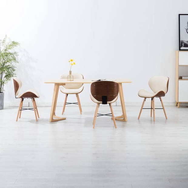 The Living Store Eetkamerstoelen - Set van 4 - Crème bekleding - Donkerbruin frame - Gebogen hout - Kunstleer
