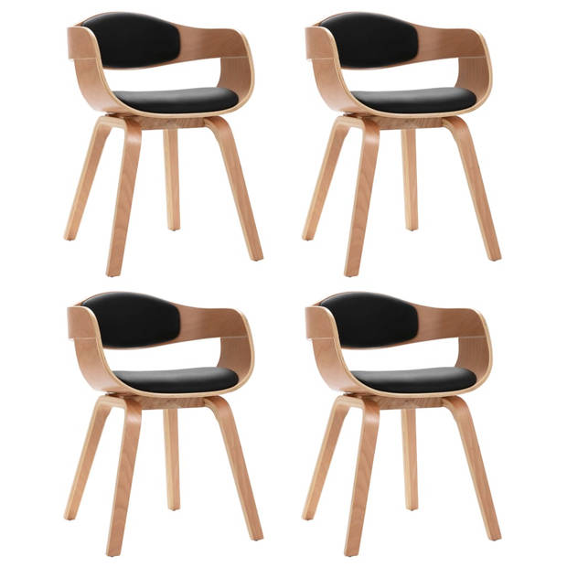 The Living Store Eetkamerstoelen - Set van 4 - Kunstleer - Gebogen hout - Ergonomisch ontwerp - Zwart - 49x51.5x71.5cm