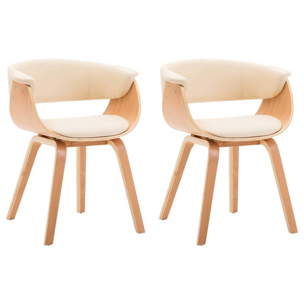 The Living Store Eetkamerstoelen - Set van 2 - Kunstleer - Gebogen houten frame - Crème en bruin - 59.5x51x72cm