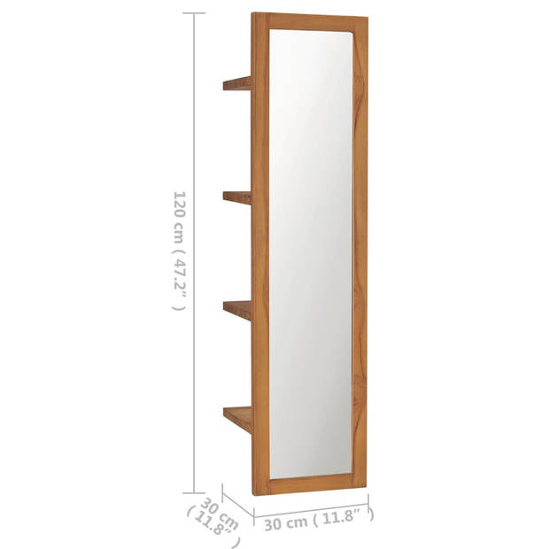 The Living Store Wandspiegel Koloniale Rustieke Stijl - Teakhout - 30x30x120 cm - 4 Open Schappen