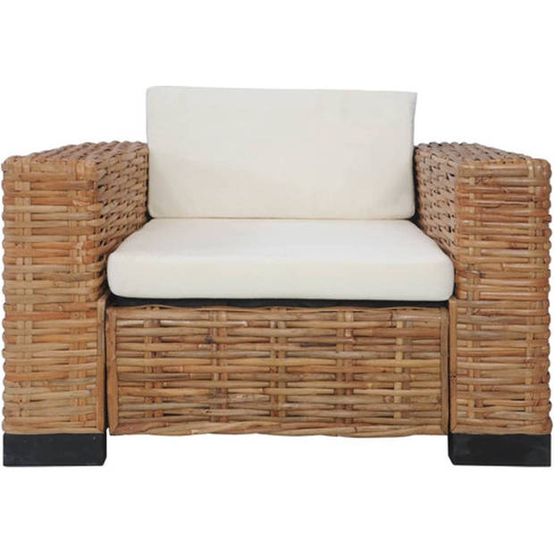 The Living Store Rattan Bankstelset - Bruin en Crèmewit - Natuurlijk Rattan - Massief Mangohouten Frame - Inclusief