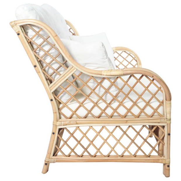 The Living Store 2-zitsbank Rattan - 125 x 80 x 90 cm - Crèmewit kussen