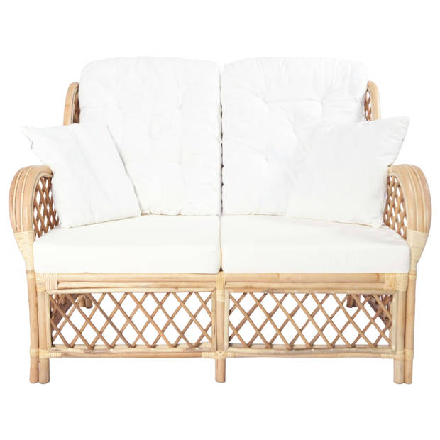 The Living Store 2-zitsbank Rattan - 125 x 80 x 90 cm - Crèmewit kussen